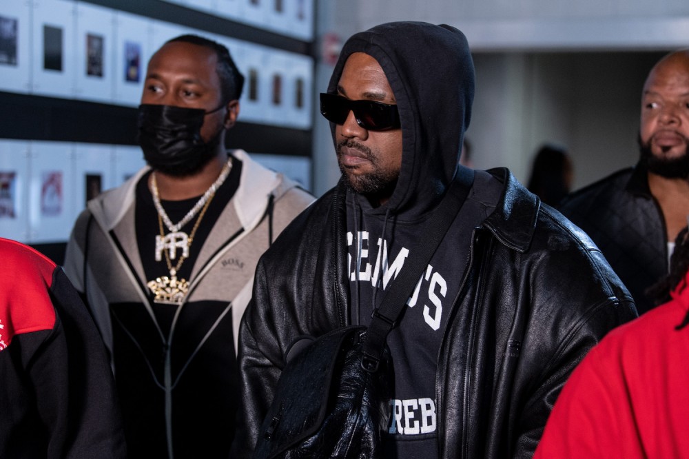 Kanye West arrives to the arena for the fight between Jamel Herring and Shakur Stevenson at State Farm Arena on October 23, 2021 in Atlanta, Georgia.