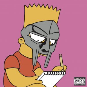 The Simpsons' Bart Simpson wears the classic MF DOOM mask and writes in a notebook