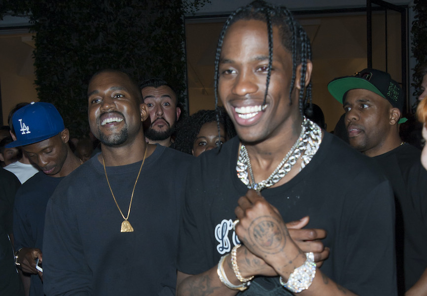 Kanye West and Travis Scott attend Travis Scott Music Video Premiere Party For "Pick Up The Phone"